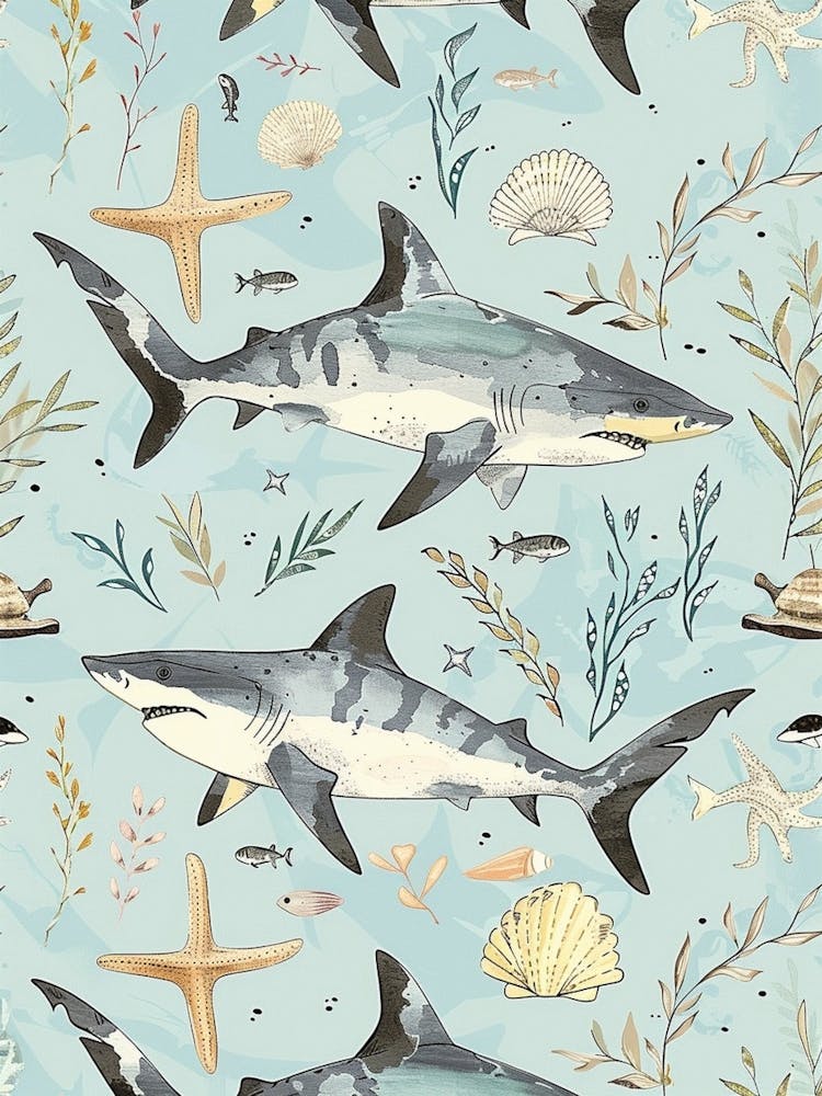 Pastel Blue Bull Shark Watercolour Seascape Pattern 2