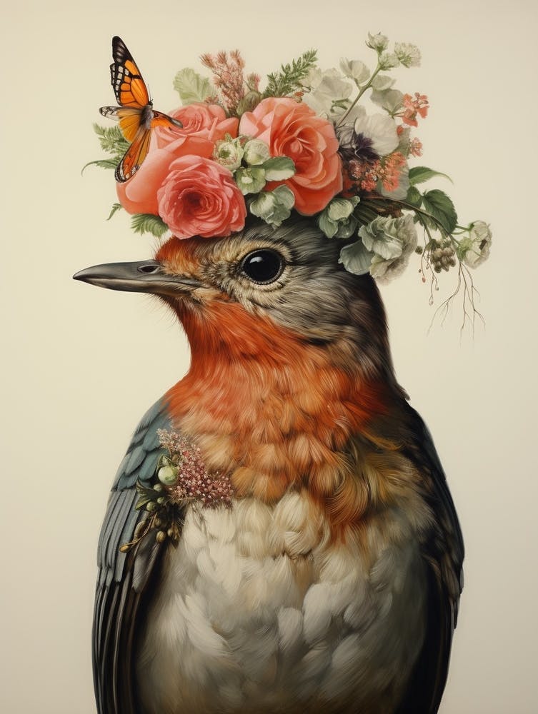 Oiseau avec une couronne de fleurs Rouge-gorge 3