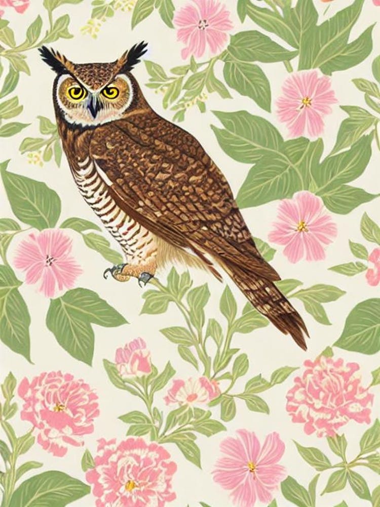 Great Horned Owl William Morris Style Bird