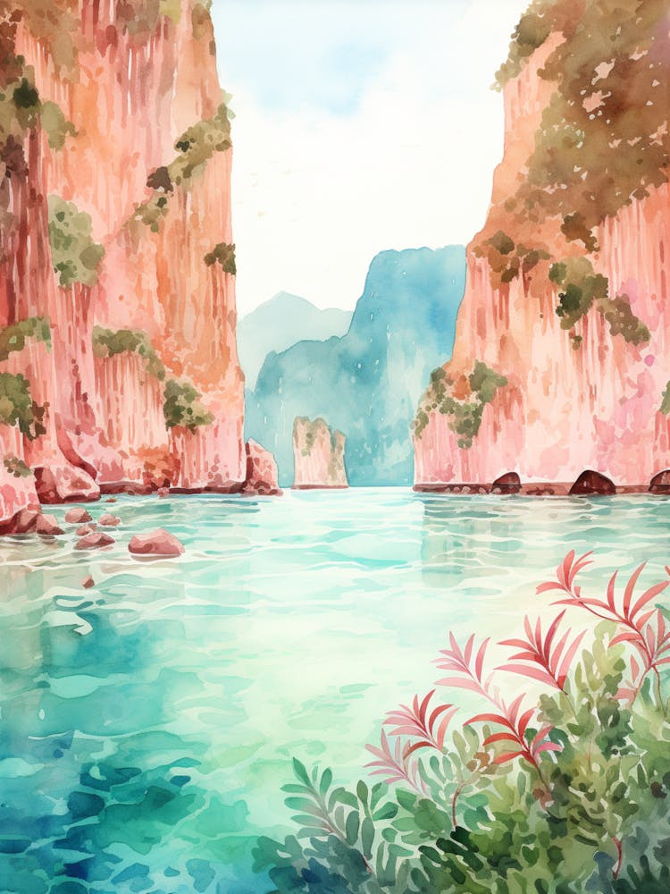 Watercolor Painting Of Maya Bay, Koh Phi Phi Thailand 2