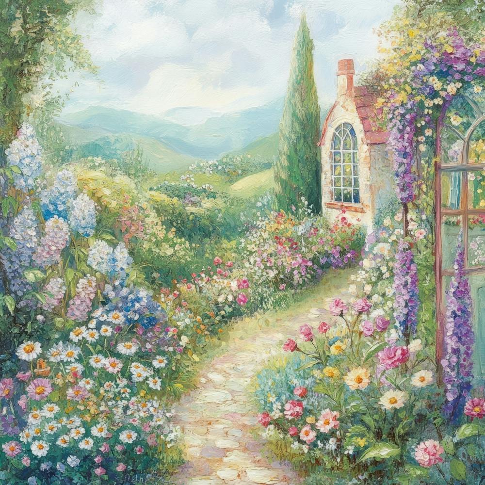 french garden scene with blooming flowers 6