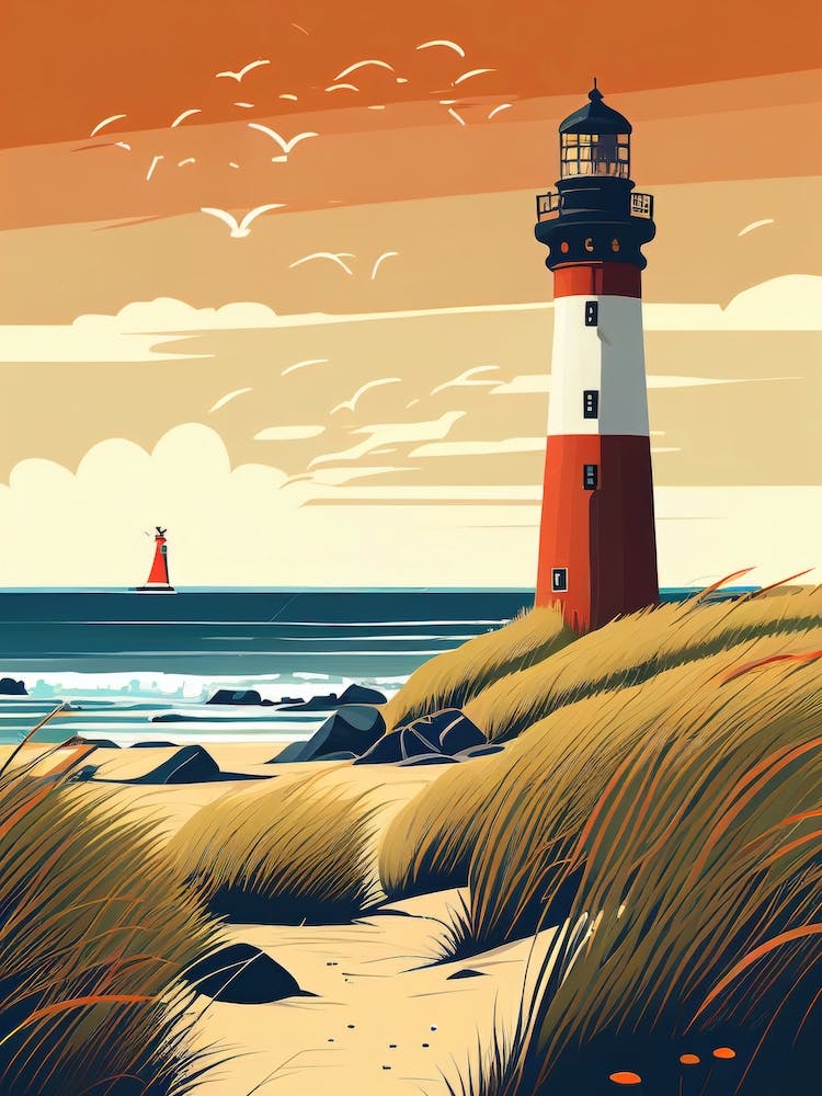 North Germany, Sunset And Lighthouse #2 - Retro Landscape Beach and Coastal Theme Travel Poster