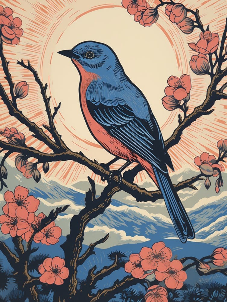 Vintage Bird Linocut Eastern Bluebird 1