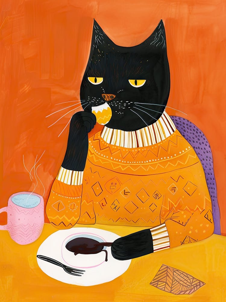 Black And Orange Cat Having Breakfast Folk Illustration 1