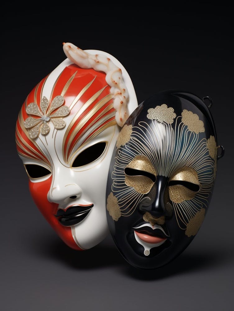 Noh Masks Japanese Style Illustration 3