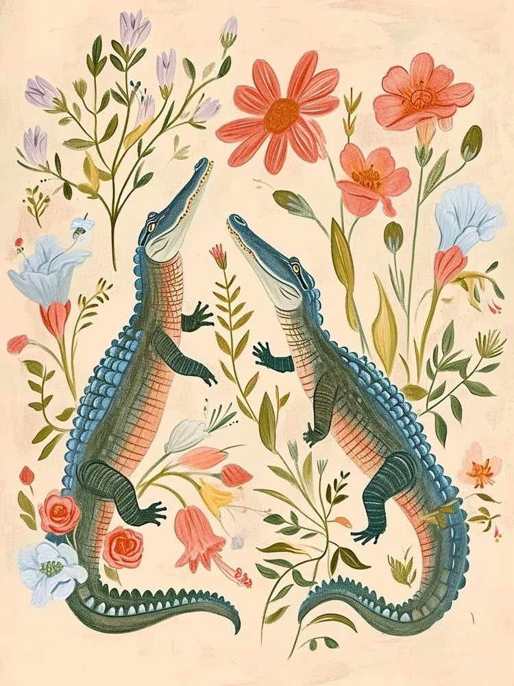 Folksy Floral Animal Drawing Alligator 2