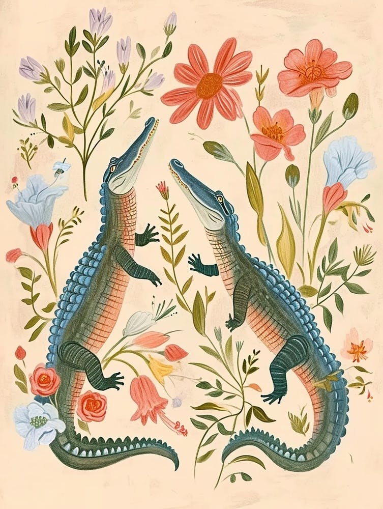 Folksy Floral Animal Drawing Alligator 2