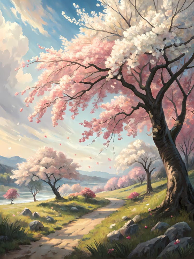 Oil Painting Style Cherry Blossom Path Scenic Spring Landscape with Pink Trees