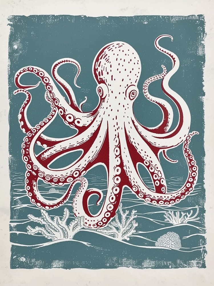 Octopus Deep In The Ocean Linocut Inspired 3