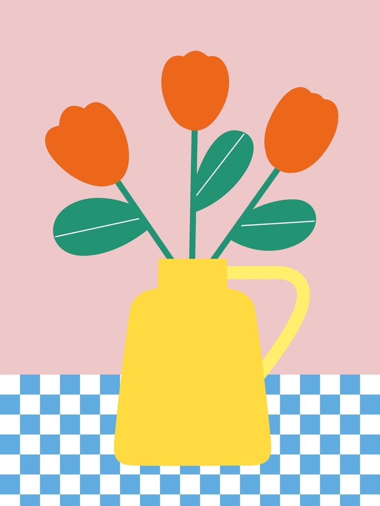 Yellow Vase With Red Tulips