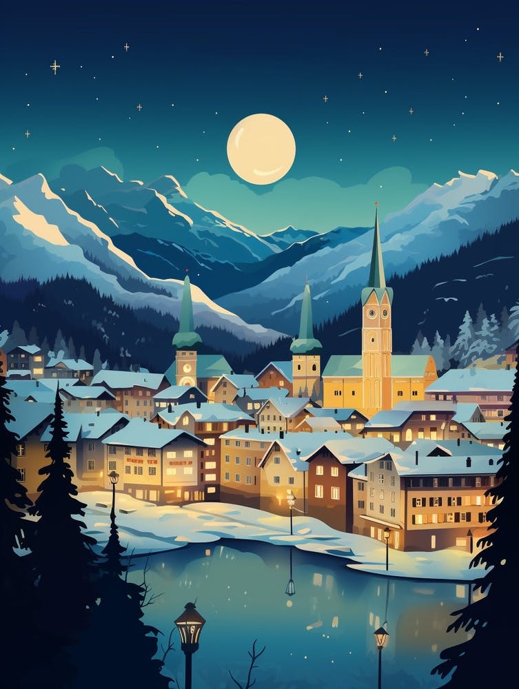 Winter Travel Night Illustration Lucerne Switzerland 3