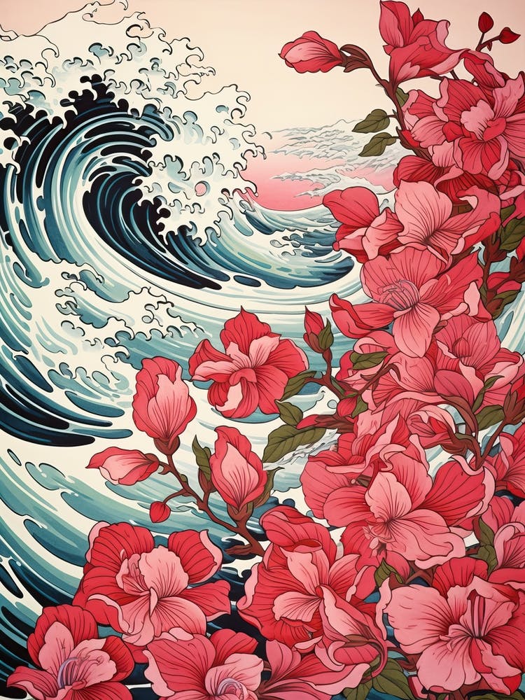 Great Wave With Bougainvillea Flower Drawing In The Style Of Ukiyo E 2