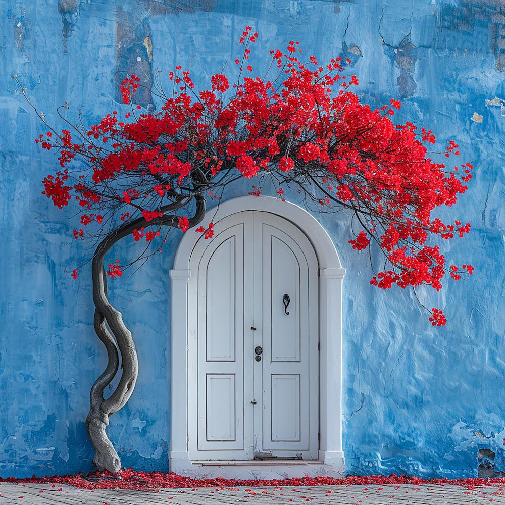 Red Tree In Front Of Blue House