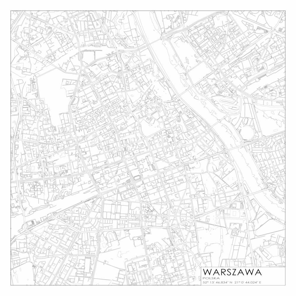 Warszawa, Polska, (Warsaw, Poland) City Map Black On White Blueprint Design