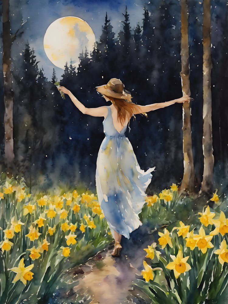 Ostara ~ Maiden in Daffodil Meadow on a Full Moon Pagan Wheel of The Year Fairytale Goddess Painting ~ Lunar Moon Lover Beautiful Lady of the Forest Gathering Herbs for Sacred Smudge Sticks, Spiritual Healing Dreamy Yoga Meditation Abundance
