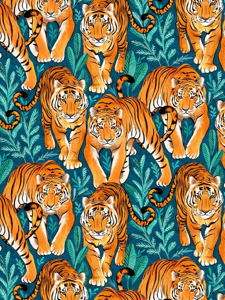 The Hunt Golden Orange Tigers On Teal Blue Art Print By Micklyn Le the-hunt-golden-orange-tigers-on-teal-blue-art-print-by-micklyn-le