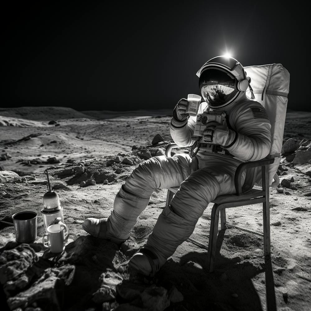 Black And White Photograph Of An Astronaut Drinking Coffee