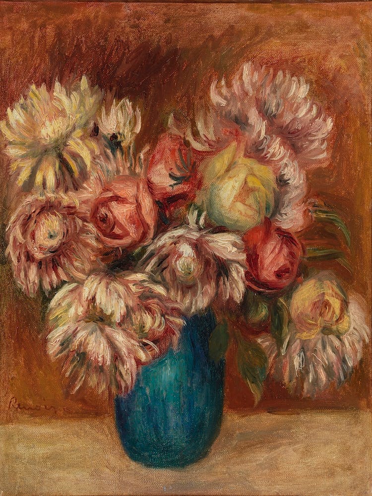 Flowers In A Green Vase , Pierre Auguste Renoir
