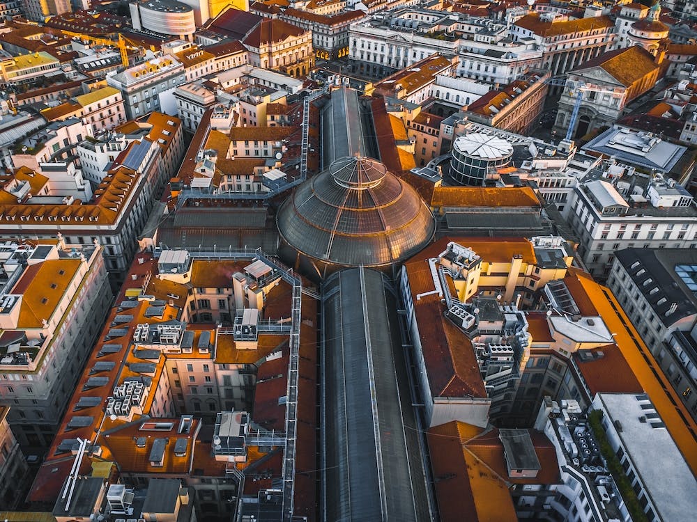Aerial photography of the Galleria Vittorio Emmanuel II in Milan, Italy.