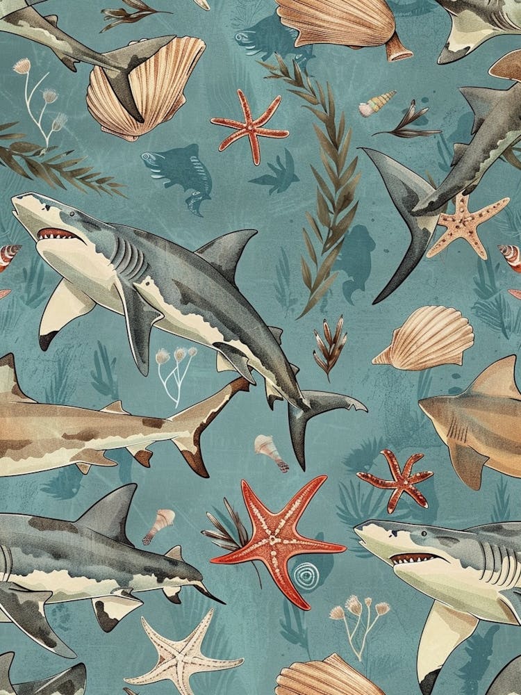 Pastel Blue Shark Watercolour Seascape Pattern 3