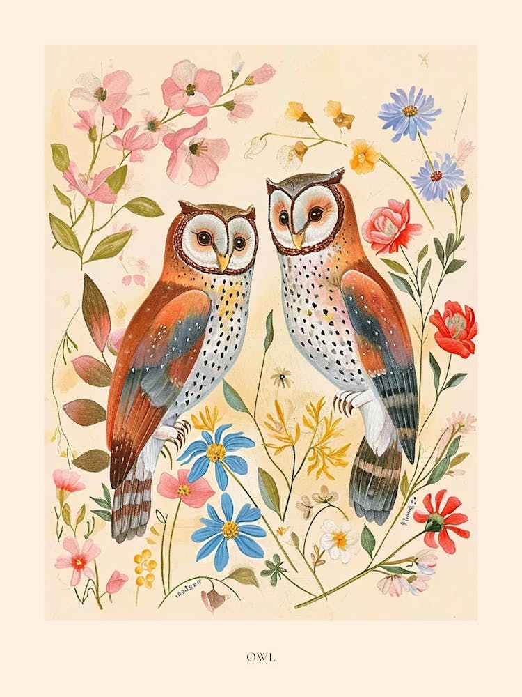Folksy Floral Animal Drawing Owl 5 Poster