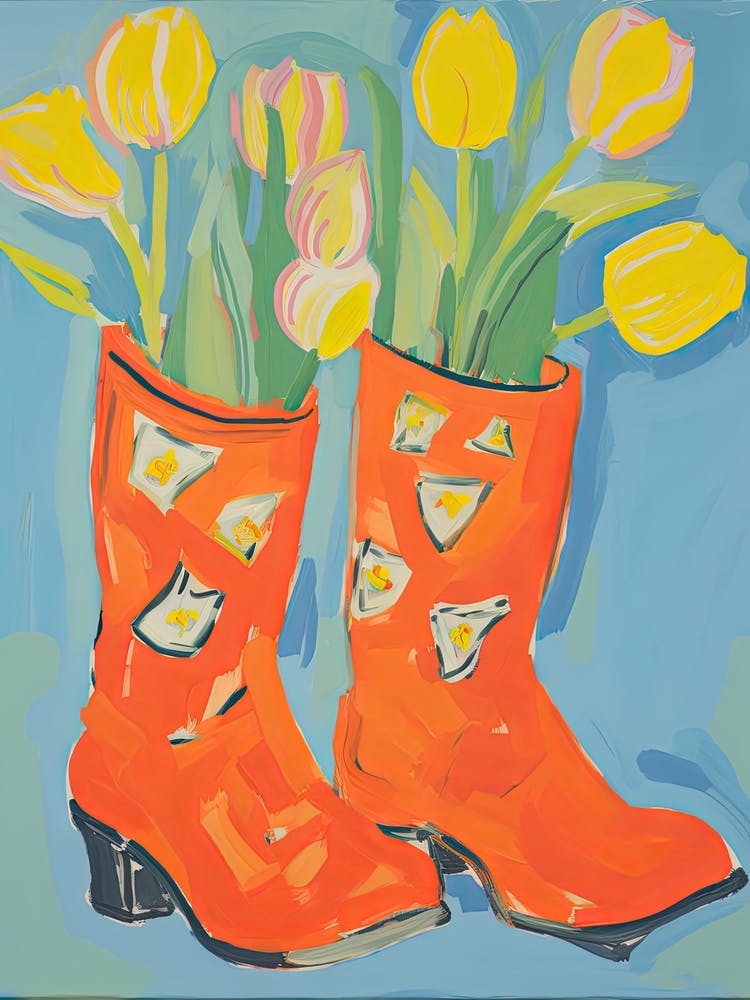 Painting Of Tulips Flowers And Cowboy Boots, Oil Style 4