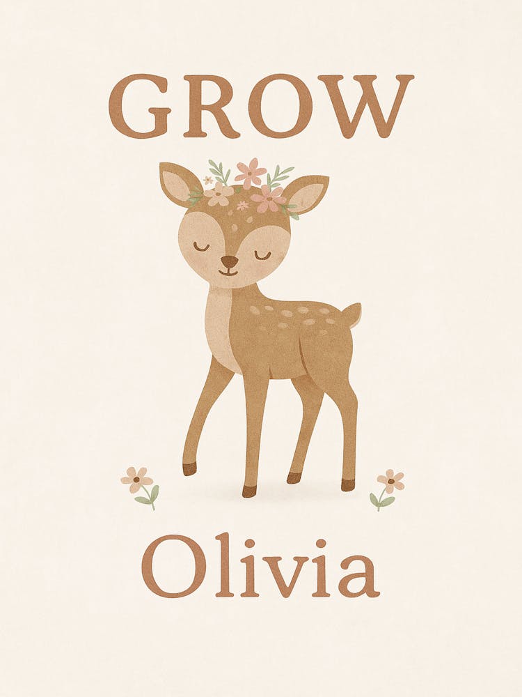 Olivia Personalized Woodland Deer Print – Baby Girl Name Poster – Floral Nursery Wall Art – Inspirational Printable “Grow” Decor