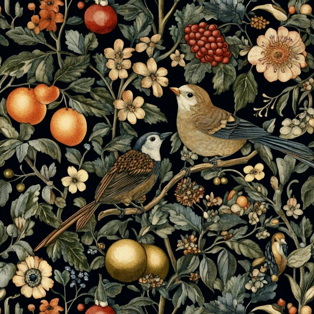 Beautiful William Morris Inspired Wallpaper With Flowers, Fruits, And Birds On A Dark Background, Featuring Intricate Details