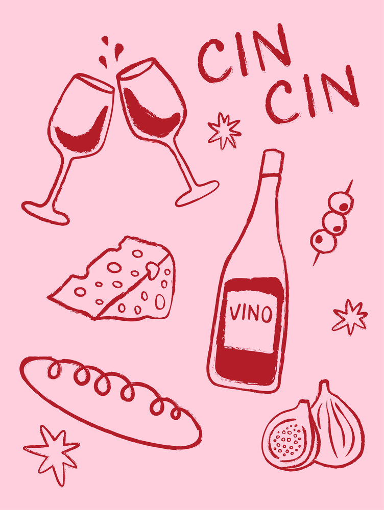 Girl Dinner. Cheese and Wine in Red and Pink