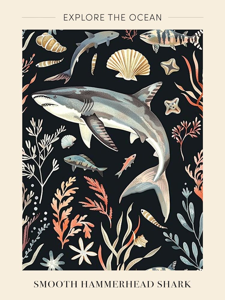 Smooth Hammerhead Shark Black Background Illustration 3 Poster
