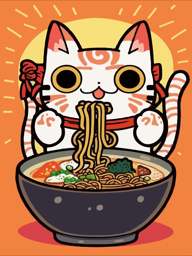 Cat Eating Ramen Kawaii Illustration3