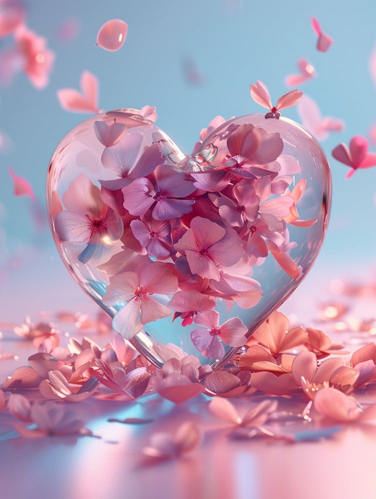 Product Ad,Minimalist,Small Hearts Make Up Big Hearts, Pink Blue And Pink Tones, C4d Rendering Style,Random Creative, Pure Background,Oc Renderer, Petals,Glass Material, Alive,Style Favored By Women