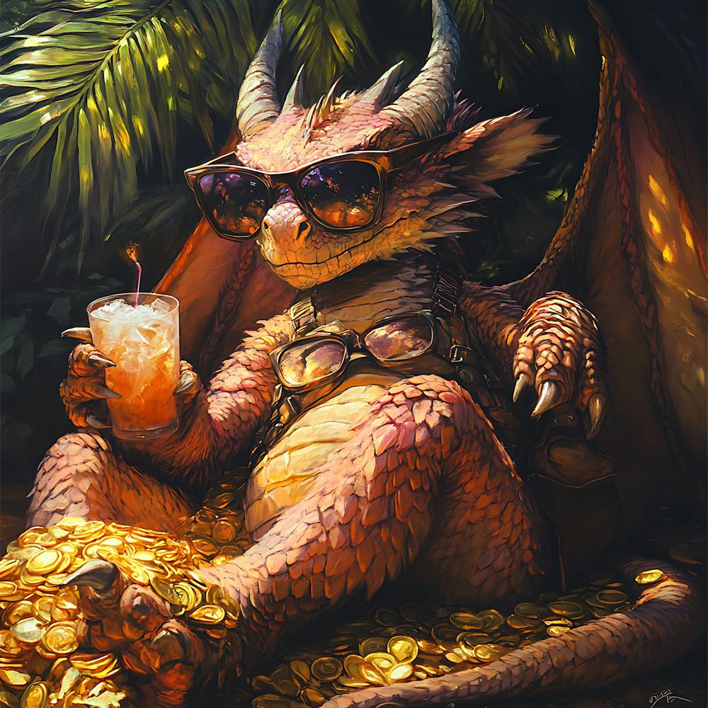 Cool Dragon Lounging on Gold Background 1