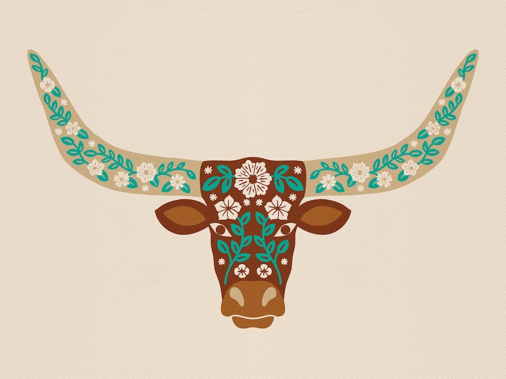Bœuf Longhorn Floral Marron Et Turquoise