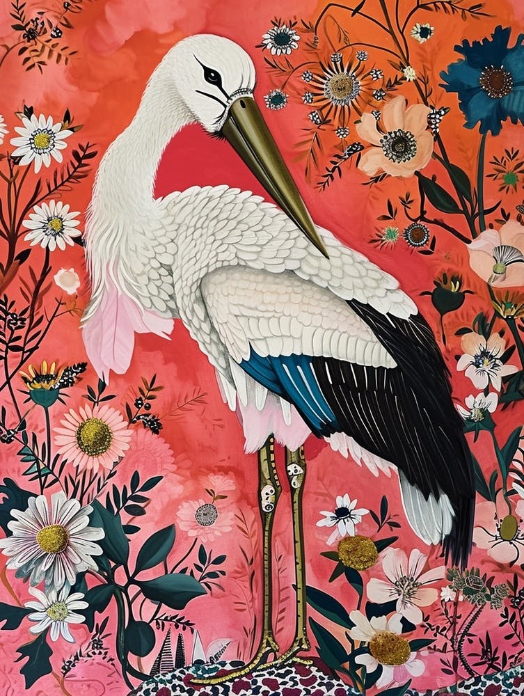 Floral Animal Painting Stork 3