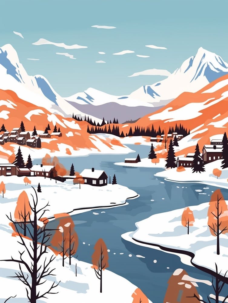 Retro Winter Illustration Lofoten Islands Norway 1