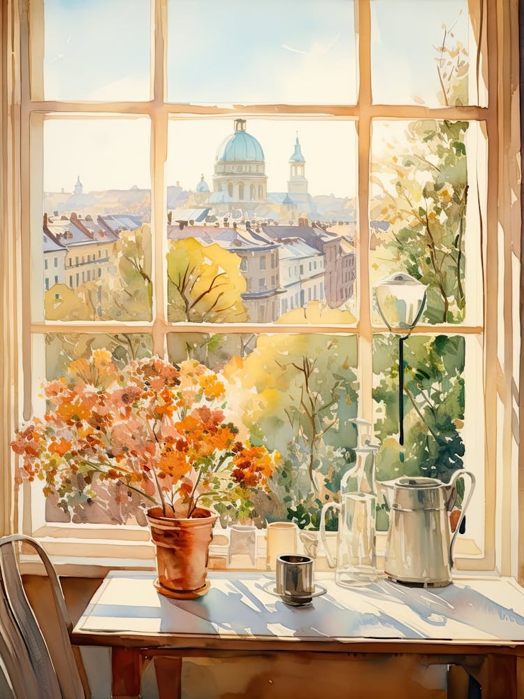 Window View Of Vilnius Lithuania In Autumn Fall, Watercolour 4