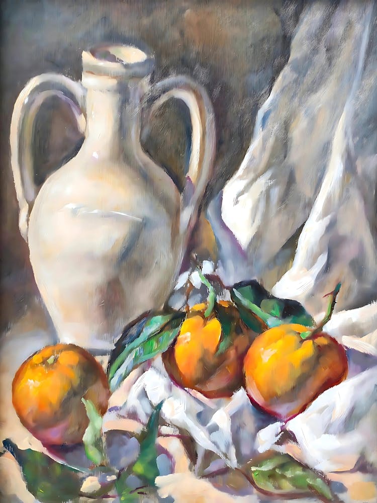 Still life featuring vibrant oranges and a ceramic jug on a textured cloth, highlighting the beauty of everyday objects 1