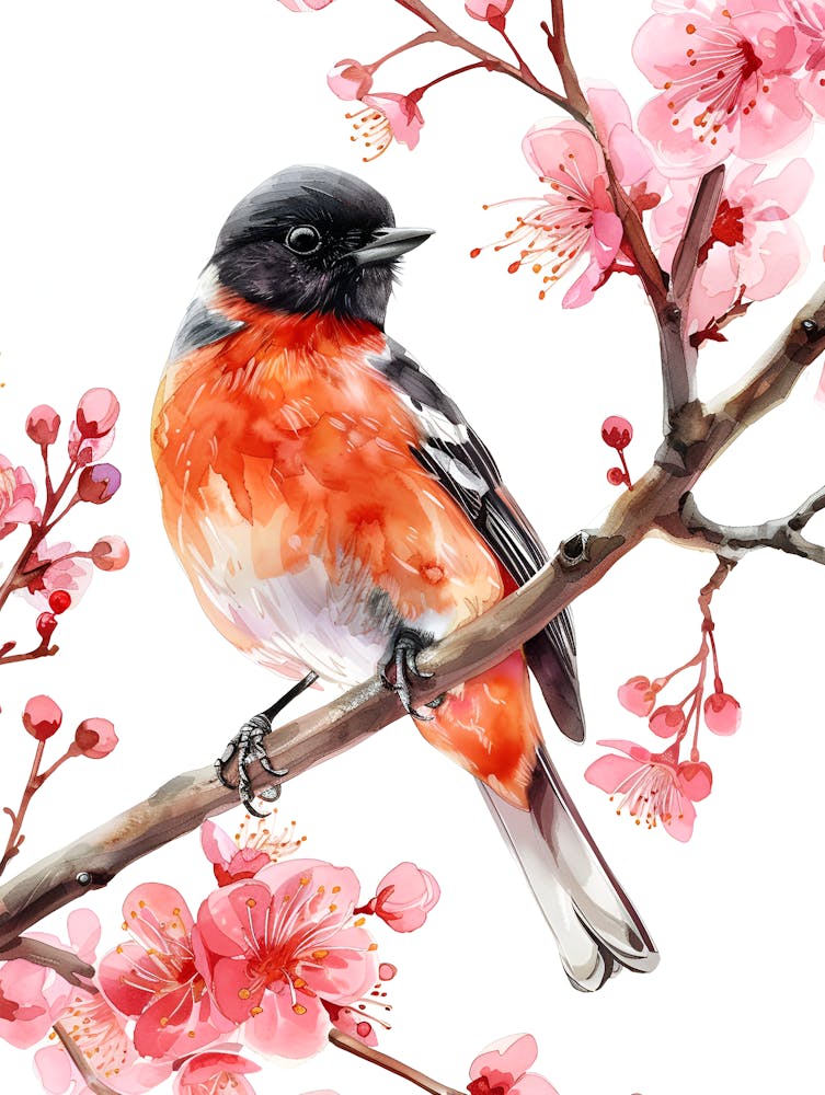Cherry Blossoms Watercolor Bird