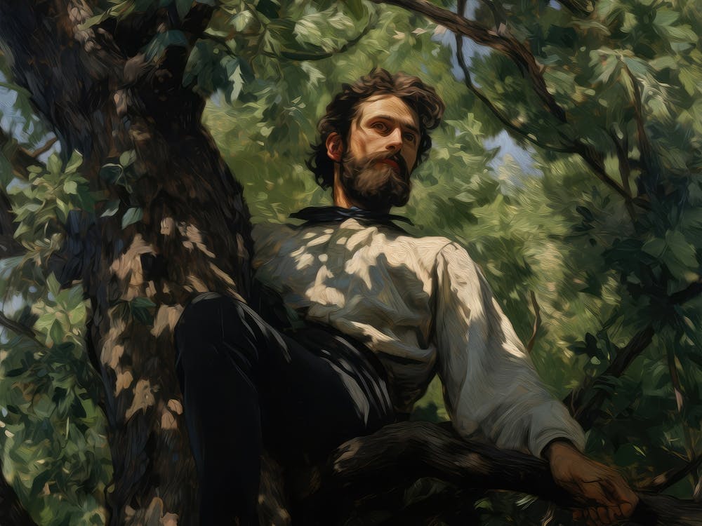Vintage Man In Tree Oil Painting