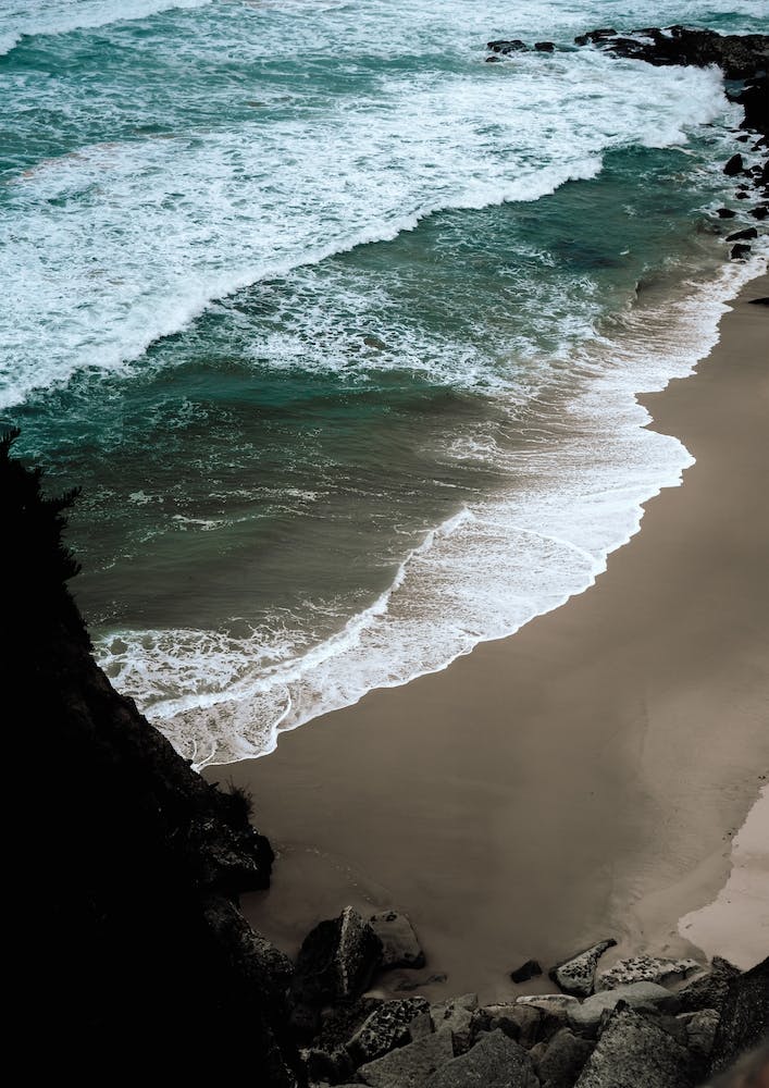 Dark Beach, Bright Waves And Blue Sea Aerial Ocean View Colour Travel And Nature Photography Portrait