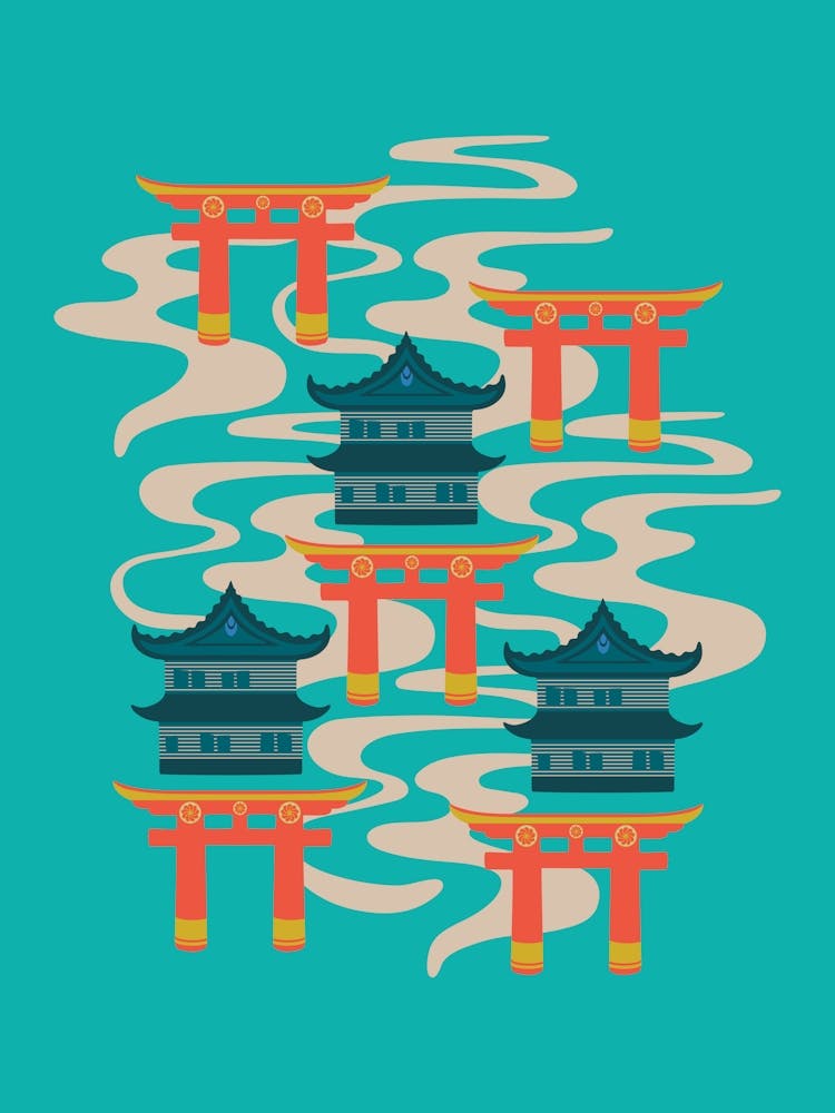 EDO Graphic Japanese Castles and Oriental Japan Torii Gates with Flowing River in Bright Turquoise Orange Teal Yellow