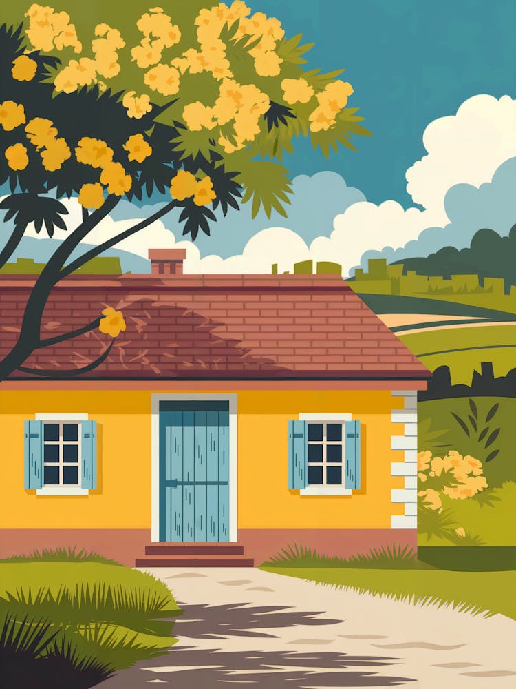 Anime Canvas Art: Cozy Yellow House with Flowering Tree, Orange Branches, and Blue Sky, Perfect for Lofi Aesthetic and Tranquil Nature Lovers.