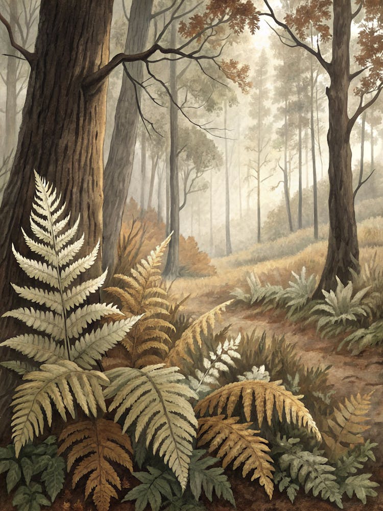 Oil Painting Style Forest Floor Ferns In Neutral