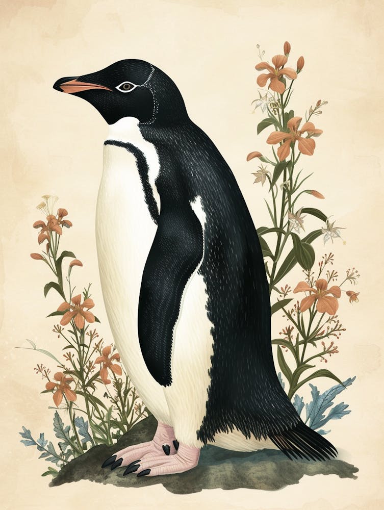 Adlie Penguin Santiago Island Vintage Botanical Painting 1