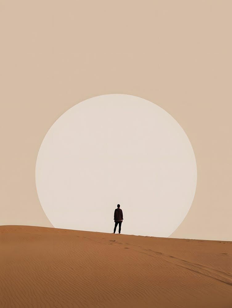 Solitary Figure in the Desert: Minimalist Silhouette with a Giant Sun