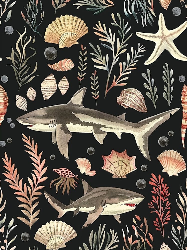 Wobbegong Shark Seascape Black Background Illustration 1