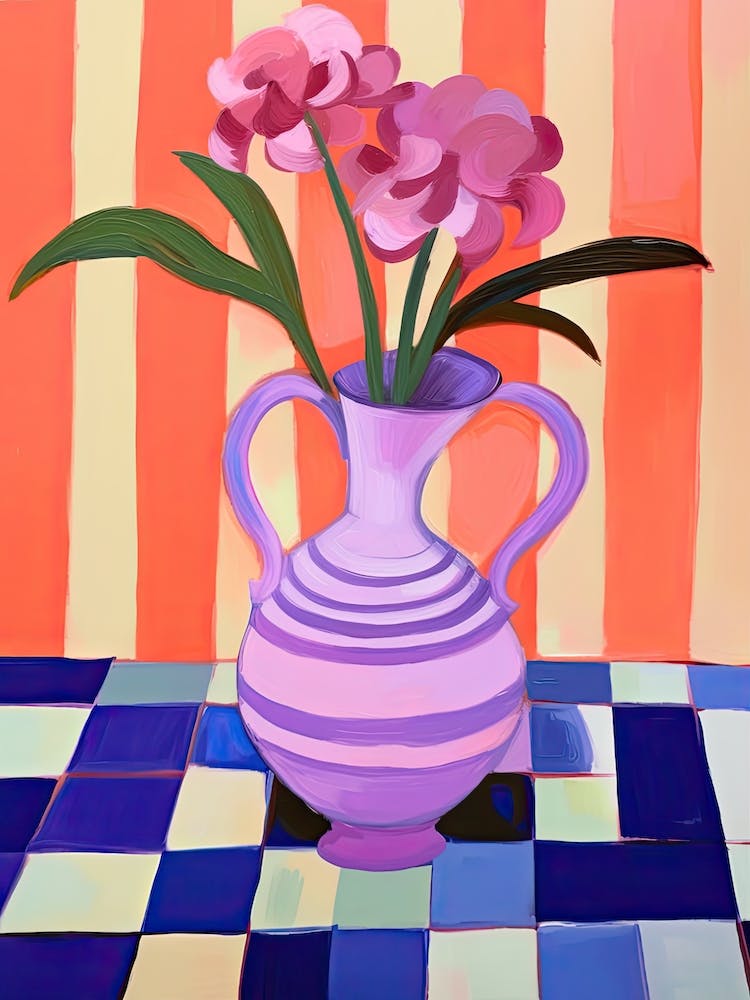 Painting Of A Pink Vase With Purple Flowers, Matisse Style 2