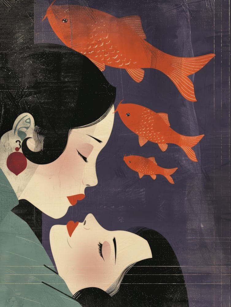 Asian Woman Kissing Fish