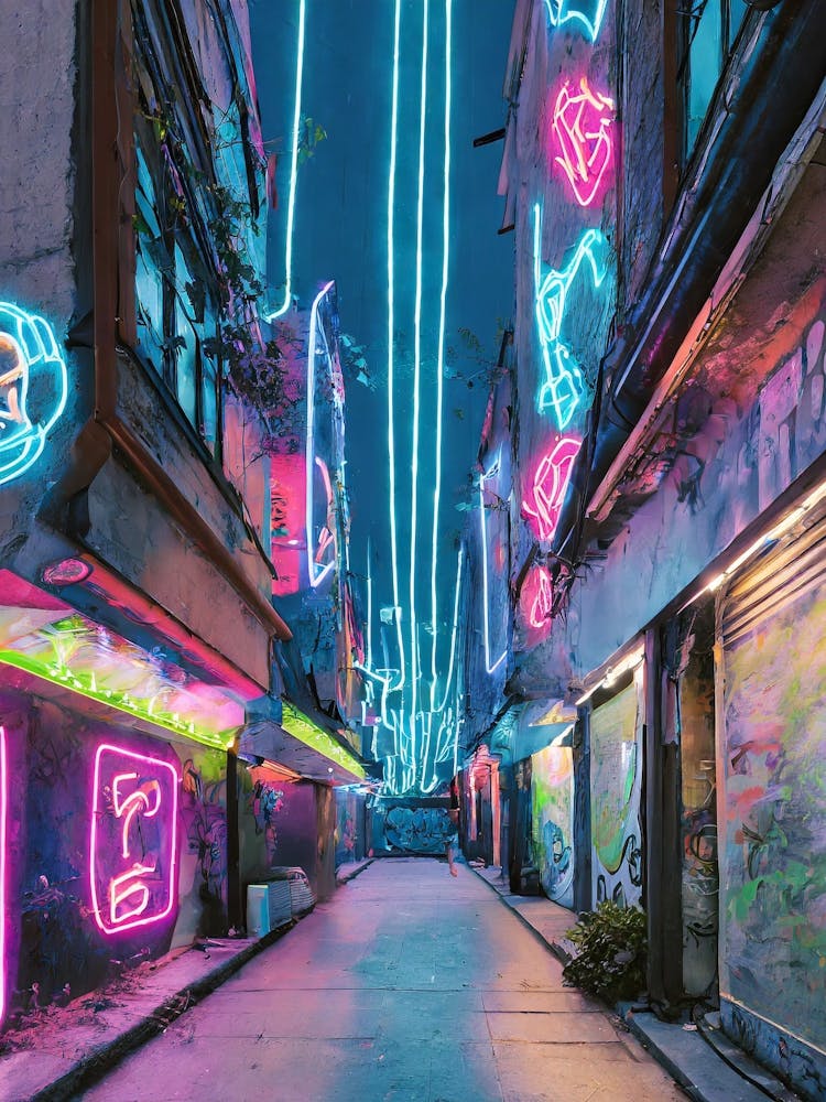 Cyberpunk Alley With Neon Signs And Holograms
